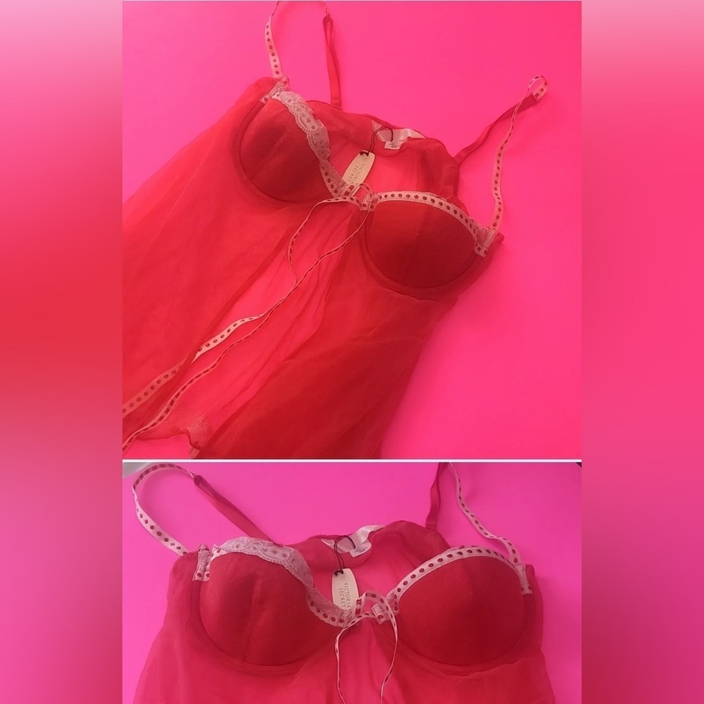 NWT Victoria’s Secret Fuchsia Babydoll Chemise 36B S Lace Trim Sheer Lingerie